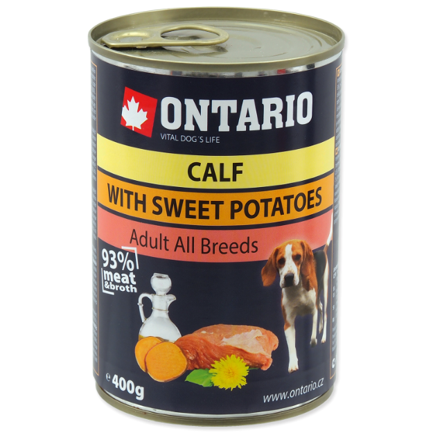 Konzerva ONTARIO Dog Mini Calf, Sweetpotato, Dandelion and Linseed Oil 400g