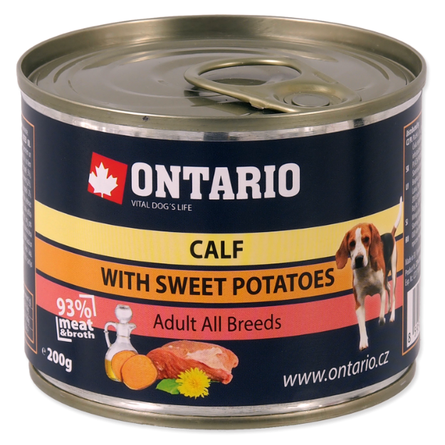 Konzerva ONTARIO Dog Mini Calf, Sweetpotato, Dandelion and Linseed oil 200g