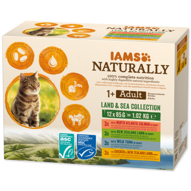 Kapsicky IAMS Cat Naturally výber z morských a suchozemských mas v omácce multipack 1020g