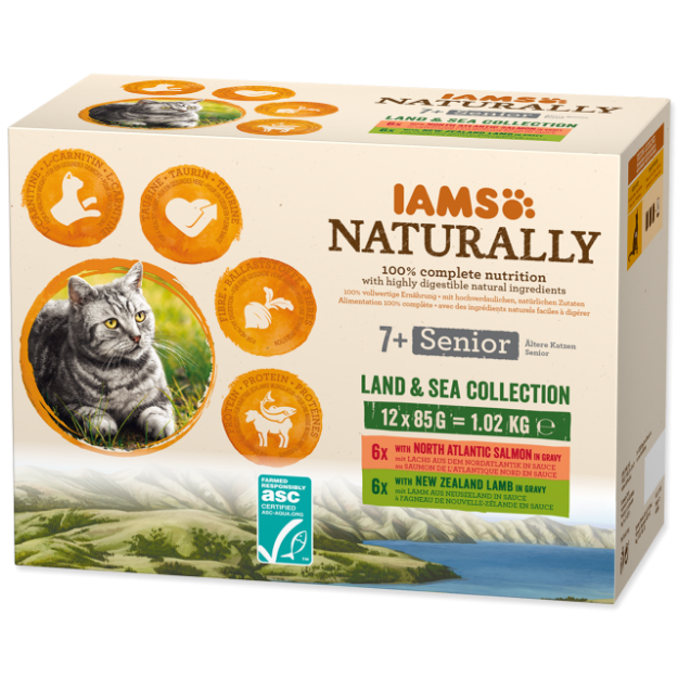 Kapsicky IAMS Cat Naturally Senior výber z morských a suchozemských mas v omácce multipack 1020g