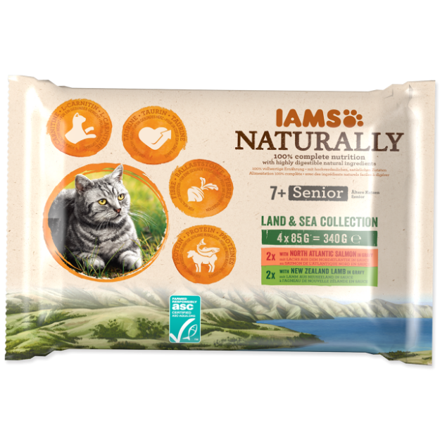 Kapsicky IAMS Cat Naturally Senior výber z morských a suchozemských mas v omácce multipack 340g