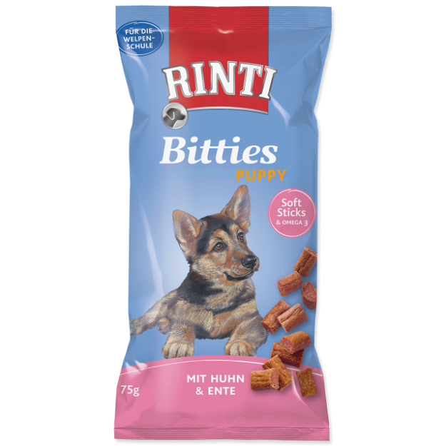 Pochoutka RINTI Extra Bitties Puppy kure + kachna 75g